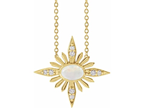 14K Yellow Gold Oval Cabochon Ethiopian Opal and Round Diamond Celestial Necklace.