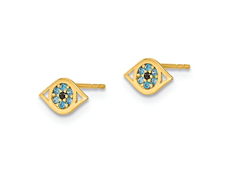 14K Yellow Gold Blue Cubic Zirconia Eye Post Earrings
