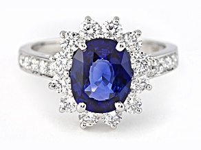 Oval Blue Sapphire and White Diamond Platinum Ring. 3.31 CTW