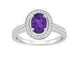 8x6mm Oval Amethyst 1/5 ctw Diamond Rhodium Over Sterling Silver Halo Ring