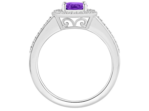 8x6mm Oval Amethyst 1/5 ctw Diamond Rhodium Over Sterling Silver Halo Ring