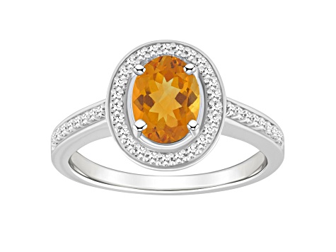 8x6mm Oval Citrine 1/5 ctw Diamond Rhodium Over Sterling Silver Halo Ring