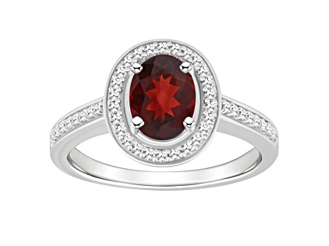 8x6mm Oval Garnet 1/5 ctw Diamond Rhodium Over Sterling Silver Halo Ring