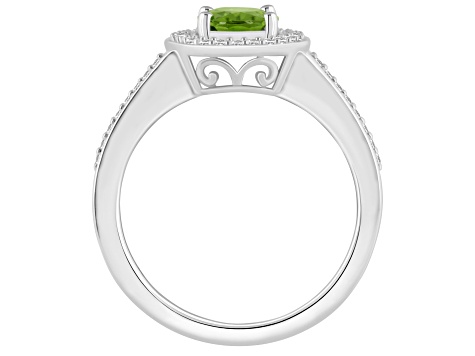 8x6mm Oval Peridot 1/5 ctw Diamond Rhodium Over Sterling Silver Halo Ring