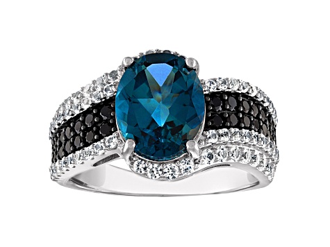 Sterling Silver London Blue Topaz, Black Spinel and Lab Created White Sapphire Ring 4.0ctw