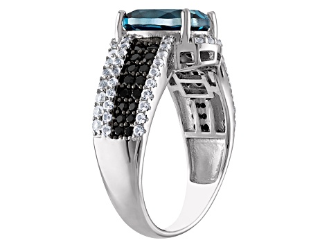 Sterling Silver London Blue Topaz, Black Spinel and Lab Created White Sapphire Ring 4.0ctw