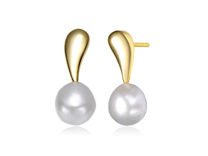 Genuine Freshwater Round Pearl, 14K Yellow Gold Plated over Sterling Silver Stud Earrings