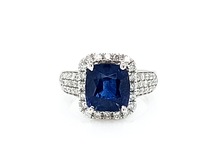 4.87 Ctw Blue Sapphire and 1.08 Ctw White Diamond Ring in 14K WG