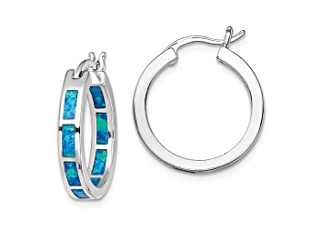 Picture of Rhodium Over Sterling Silver Blue Lab Created Opal In/Out Round Hoop Earrings
