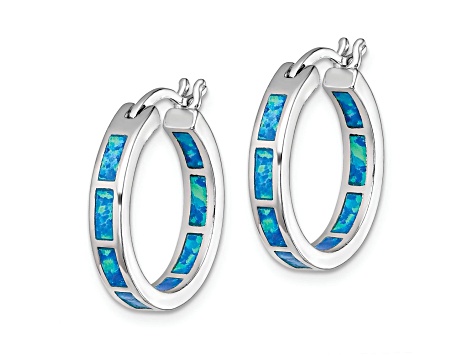 Rhodium Over Sterling Silver Blue Lab Created Opal In/Out Round Hoop Earrings