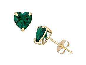 Lab Created Emerald Heart Shape 10K Yellow Gold Stud Earrings, 1.3ctw