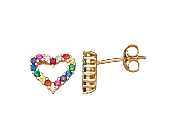 Picture of Multi-gem Simulants 14k Yellow Gold Over Sterling Silver Children's Heart Earrings 0.77ctw