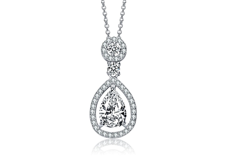 Clear Cubic Zirconia , Rhodium Plated over Sterling Silver Accent Drop Necklace