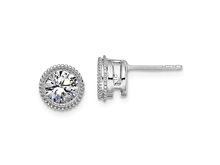 Rhodium Over 14K White Gold Round Beaded Bezel D E F Pure Light Moissanite Earrings