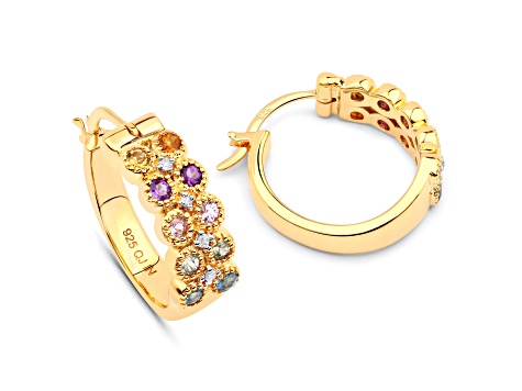 Multi-Gemstone and White Diamond 18K Yellow Gold Over Sterling Silver Hoops