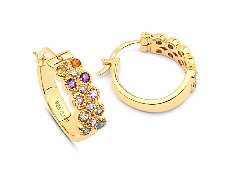 Multi-Gemstone and Diamond 18K Yellow Gold Over Sterling Silver Hoops Earrings For Women