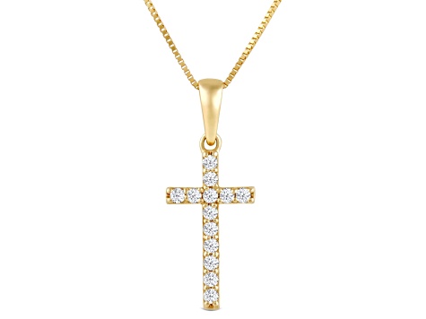 White Cubic Zirconia 14k Yellow Gold Cross Pendant With Chain 0.30ctw