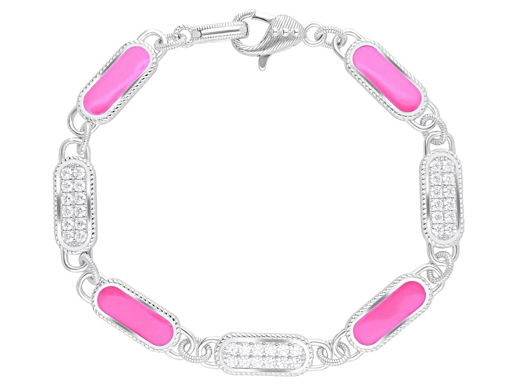 Judith Ripka 2.10ctw Bella Luce® and Pink Enamel Rhodium Over Sterling Silver Station Bracelet
