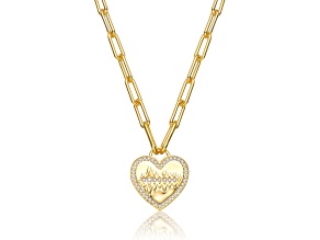 Clear Cubic Zirconia, 14K Gold Plated over Brass Heart Charm Necklace