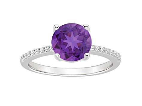 8mm Round Amethyst and 1/10 ctw Diamond Rhodium Over Sterling Silver Ring