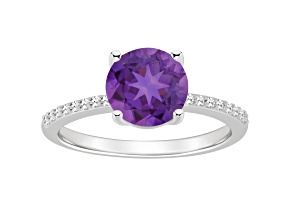 8mm Round Amethyst and 1/10 ctw Diamond Rhodium Over Sterling Silver Ring