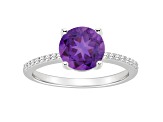 8mm Round Amethyst and 1/10 ctw Diamond Rhodium Over Sterling Silver Ring