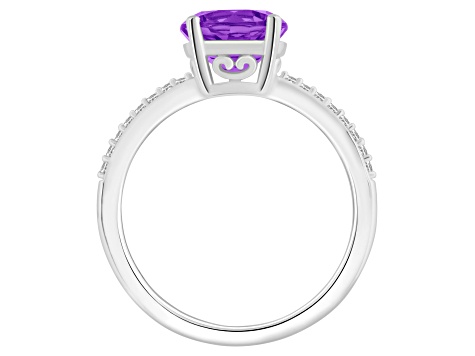 8mm Round Amethyst and 1/10 ctw Diamond Rhodium Over Sterling Silver Ring