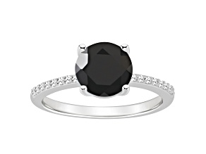 8mm Round Black Onyx and 1/10 ctw Diamond Rhodium Over Sterling Silver Ring