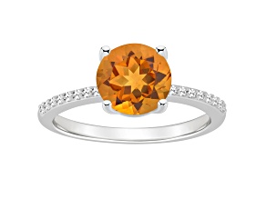 8mm Round Citrine and 1/10 ctw Diamond Rhodium Over Sterling Silver Ring