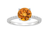 8mm Round Citrine and 1/10 ctw Diamond Rhodium Over Sterling Silver Ring