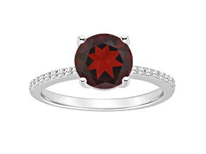 8mm Round Garnet and 1/10 ctw Diamond Rhodium Over Sterling Silver Ring