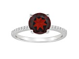 8mm Round Garnet and 1/10 ctw Diamond Rhodium Over Sterling Silver Ring