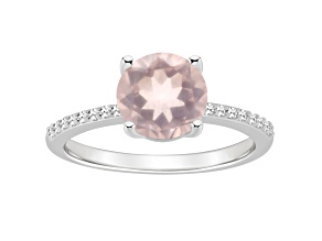 8mm Round Rose Quartz and 1/10 ctw Diamond Rhodium Over Sterling Silver Ring