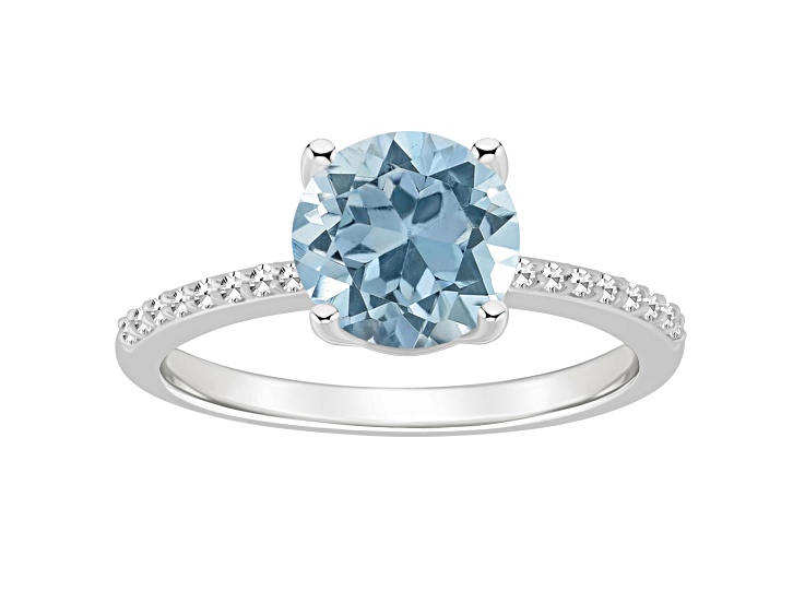 8mm Round Sky Blue Topaz and 1/10 ctw Diamond Rhodium Over Sterling Silver Ring