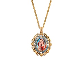 Symbols Of Faith Gold Tone Brass Crystal Blue Enamel Mary and Child Pendant With Chain 24 Inch