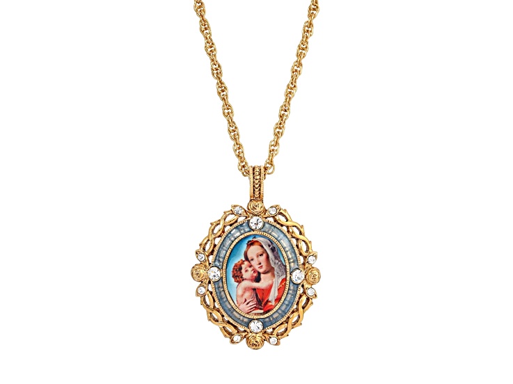 Symbols Of Faith Gold Tone Brass Crystal Blue Enamel Mary and Child Pendant With Chain 24 Inch