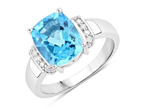 Swiss Blue Topaz and Lab Grown Diamond Cushion Cut Rhodium Over Silver Ring 3.64ctw