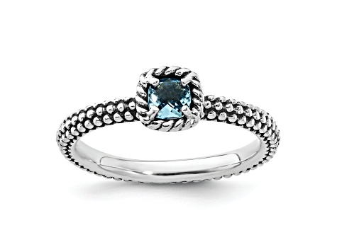 Sterling Silver Stackable Expressions Checker-cut Blue Topaz Antiqued Ring 0.28ctw