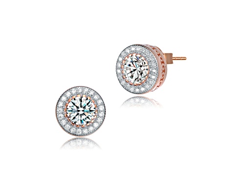 Clear Cubic Zirconia, 18K Rose Over Brass Round Halo Stud