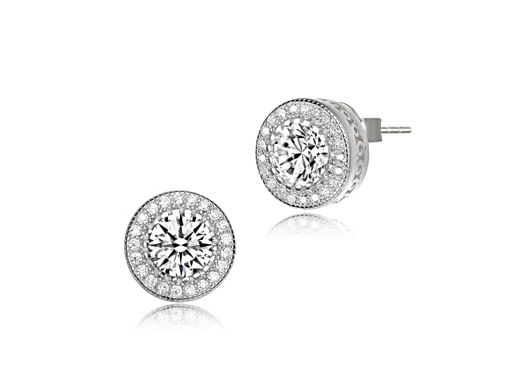 人気絶頂 Clear Stud Halo Round Brass Over Rhodium Zirconia, Cubic アクセサリー