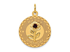 14k Yellow Gold Textured Happy Birthday Disc with Cubic Zirconia Flower Charm
