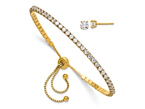 Sterling Silver Gold-tone CZ Adjustable Bracelet and Post Earring Set