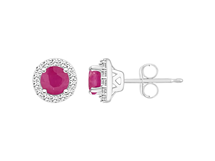 4mm Round Ruby 1/8 ctw Diamond Rhodium Over Sterling Silver Halo Stud Earrings