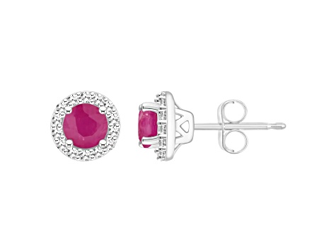 4mm Round Ruby 1/8 ctw Diamond Rhodium Over Sterling Silver Halo Stud Earrings