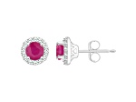 4mm Round Ruby 1/8 ctw Diamond Rhodium Over Sterling Silver Halo Stud Earrings