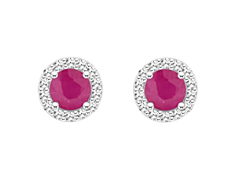 4mm Round Ruby 1/8 ctw Diamond Rhodium Over Sterling Silver Halo Stud Earrings