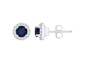 4mm Round Sapphire 1/8 ctw Diamond Rhodium Over Sterling Silver Halo Stud Earrings