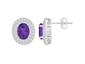 Picture of 8x6mm Oval Amethyst And White Topaz Accent Rhodium Over Sterling Silver Double Halo Stud Earrings
