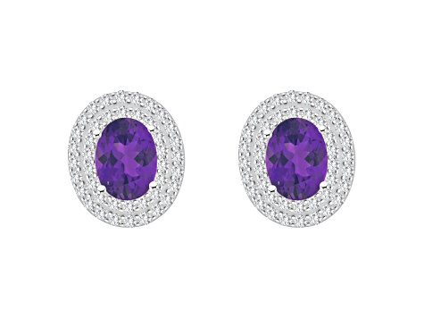 8x6mm Oval Amethyst And White Topaz Accent Rhodium Over Sterling Silver Double Halo Stud Earrings