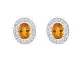 8x6mm Oval Citrine And White Topaz Accent Rhodium Over Sterling Silver Double Halo Stud Earrings